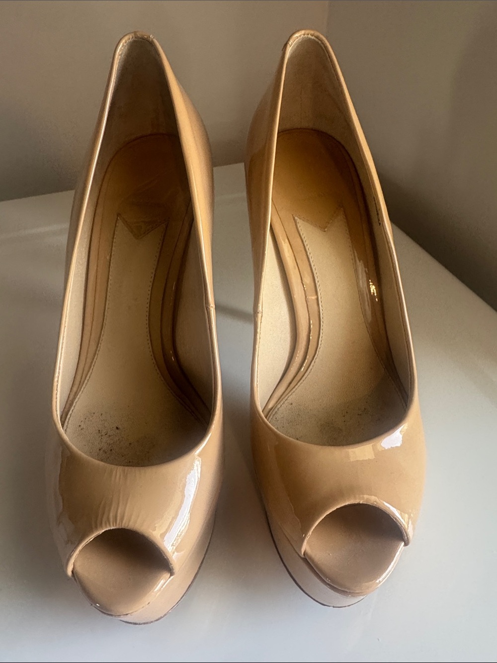 Brian Atwood Beige Patent Leather Peep-Toe Pumps